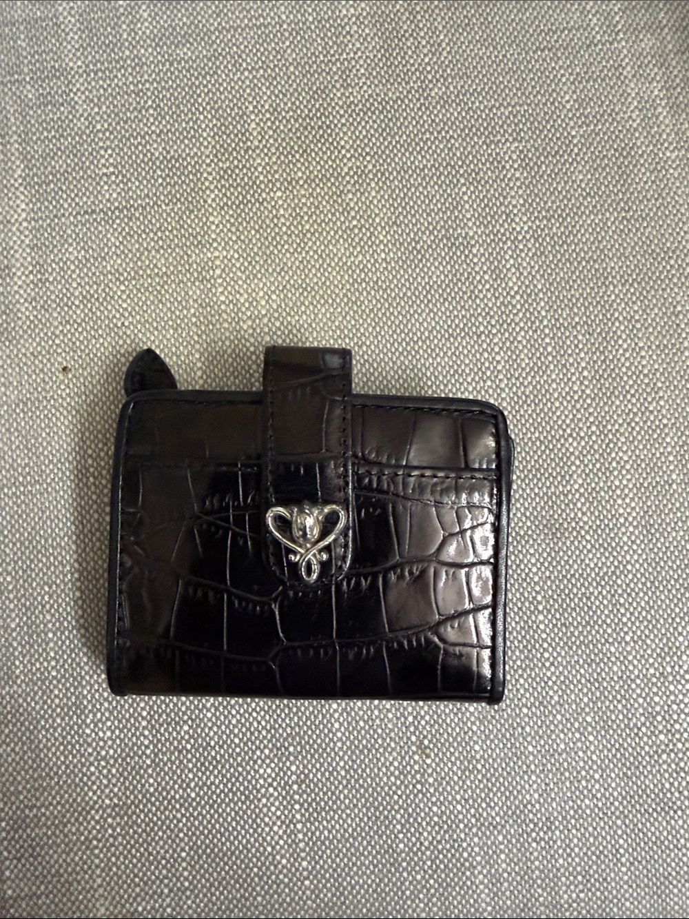 Brighton Black Croc-Embossed Card Holder with Silver Heart Emblem